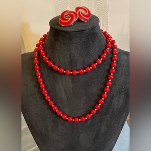 Monet Red & Gold tone clip earrings and necklace